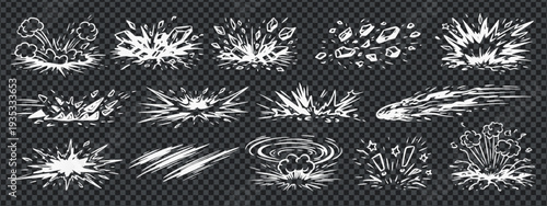 Superhero comic vector boom doodle icons with line speed motion and explosion effect for transparent backgrounds. These doodle superhero effect drawings feel bold and dynamic.