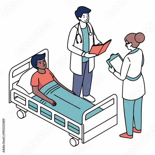 Flat 2D illustration of a patient undergoing a medical examination with two doctors and a nurse, representing healthcare and medical check-ups in a clean, modern ... See More