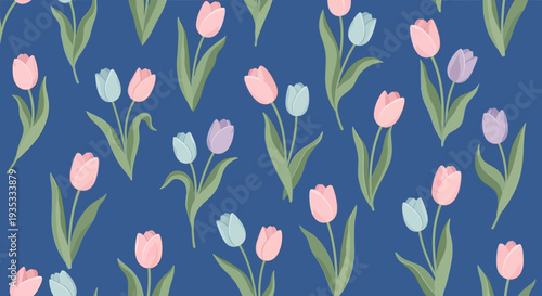 Colorful tulip pattern on blue background.