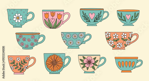 Collection of colorful teacups with floral patterns and designs.