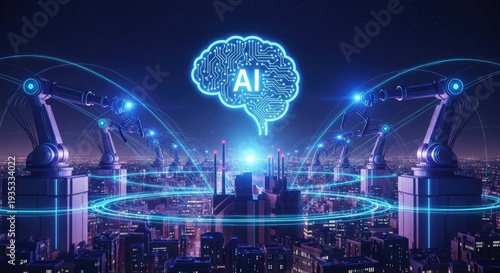 Robotic arms extend towards a futuristic cityscape, connected by glowing lines to a stylized brain graphic with the letters 