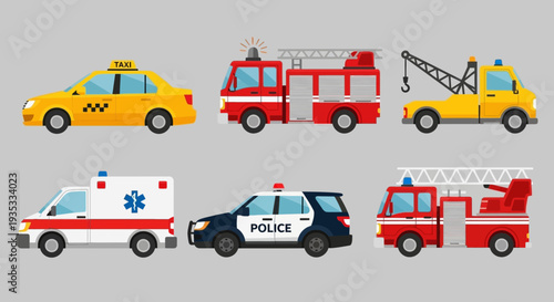 Emergency vehicles including police car, ambulance, and fire trucks.