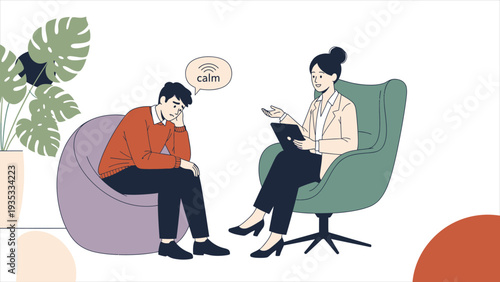  Flat Vector Illustration of a Professional Counseling Session Concept for Mental Health Support, Emotional Wellness, and Patient-Therapist Dialogue.