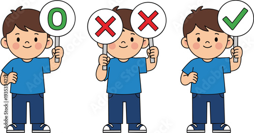 Cute boy holding correct and incorrect signs, check mark and cross symbols feedback evaluation concept illustration