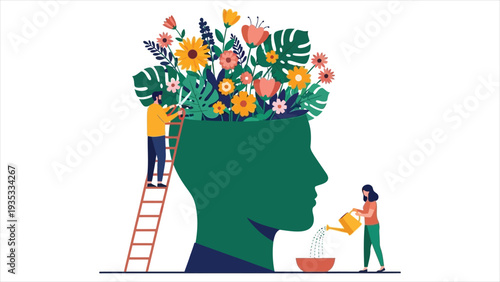 Flat Vector Illustration of Mental Health Cultivation Concept for Cognitive Wellness, Self-Care, Positive Psychology, and Nurturing the Mind.