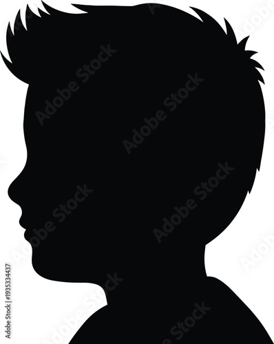 Black silhouette of a young boy head profile with spiked hair isolated on white background for childhood and youth concepts