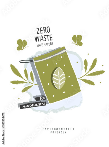 Vector hand drawn cartoon sketch of cotton bowl with green leaves. Zero waste and Sustainable lifestyle. Think Green. Plastic free Ecological poster.