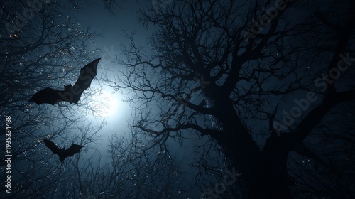 Eerie night scene with silhouetted trees, bats, and a bright moon in a dark forest
