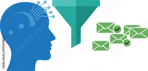 AI filters emails, showcasing data flow from a human brain. Modern, digital illustration with a focus on notification and analysis. Clean, professional design.