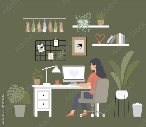 Female entrepreneur working from home in cozy home office. Modern flat vector illustration with plants, desk, computer and minimalist decor. Remote work, freelance lifestyle concept