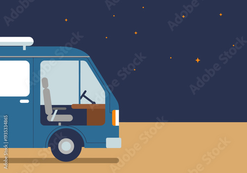 A blue van work desert scene, featuring a driver working peacefully under a starry night sky. A tranquil and inspiring image for remote work themes.