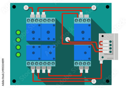 Detailed circuit relay schematic illustration. Clean, modern design with vibrant colors and clear labeling. Ideal for technical diagrams and educational materials.