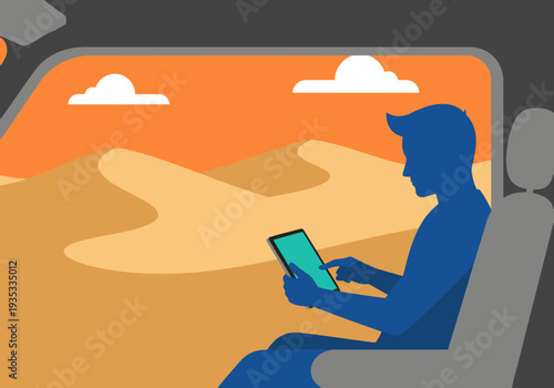 A man uses a tablet in a desert van, gazing at a scenic landscape. Modern, travel, and technology themes.