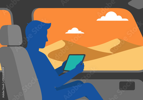A man uses a tablet in a desert van, gazing at a scenic landscape. Modern, vibrant colors and a clear composition create a visually appealing scene.