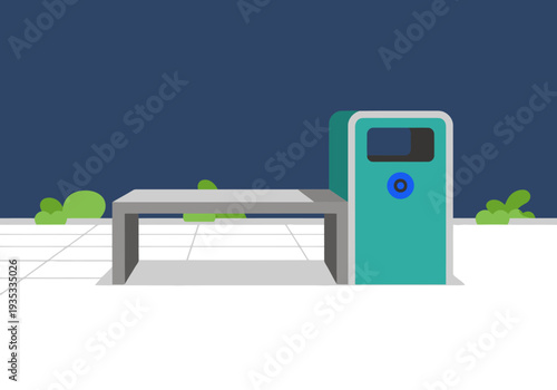 A modern, integrated urban smart bin with a bench stands in a clean, tiled urban setting.  Illustrative style, perfect for city planning or sustainability concepts.