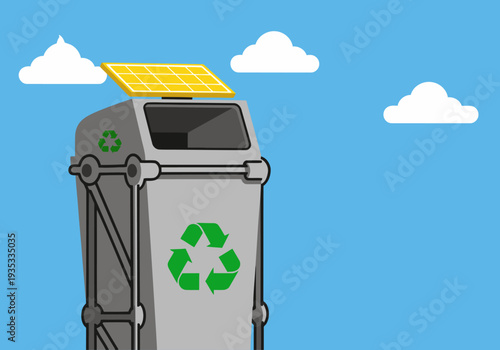 A modern recycling bin powered by solar panels, showcasing IoT technology. Clean, bright design with a blue sky backdrop. Ideal for sustainability and technology concepts.