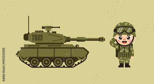 Cartoon soldier saluting a tank in military uniform and helmet.