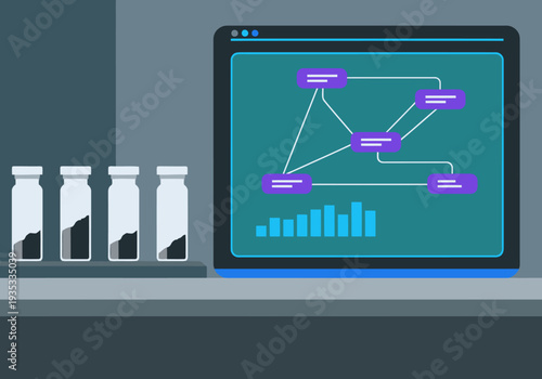 A modern lab analysis graphic displays data alongside test tubes. Clean, professional design for business or science visuals.
