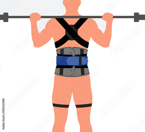 A muscular man uses a posture brace while lifting a barbell. The image highlights safe lifting techniques and demonstrates proper form. Clean, modern illustration.