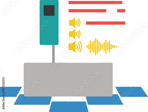 An office noise stress monitor displays fluctuating sound levels, illustrating workplace noise stress. Modern, graphic design. Suitable for business and wellness themes.