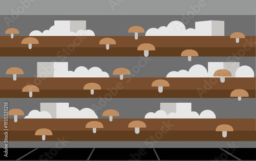 Shitake mushrooms grow on a log cellar shelf. A stylized, graphic illustration showcases a clean, organized, and visually appealing mushroom cultivation setup. Modern, minimalist design.