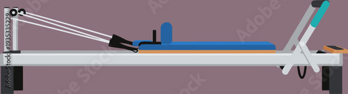 A sleek Pilates Reformer machine stands ready for use. Clean lines and a modern design create a professional studio setting. Ideal for fitness and wellness visuals.