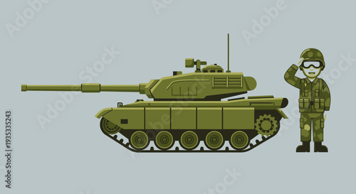 Military Tank and Soldier Saluting in Olive Green.