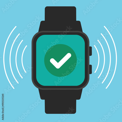 A smartwatch displays a focus mode active notification with a checkmark. Clean, modern design with radiating waves. Ideal for technology, productivity, and digital concepts.