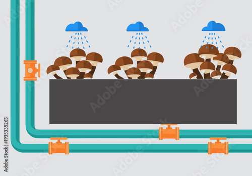 Smart irrigation system delivers water to mushroom cultivation. Modern cellular data integration optimizes growth. Clean, stylized illustration for tech and agriculture concepts.