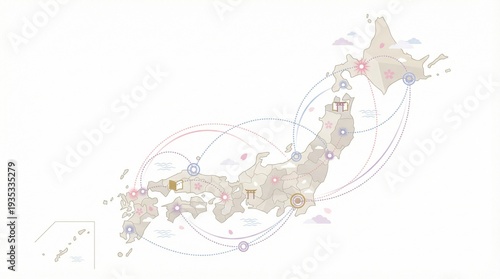 A map of Japan highlighting pilgrimage routes and seichi junrei sites amidst sakura, reflecting the country's rich pop culture heritage