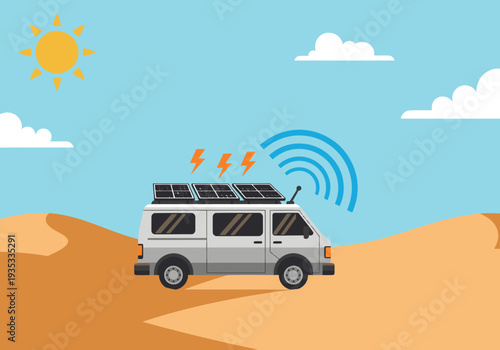 A solar van charges in the desert, powered by sunlight.  A wireless signal transmits energy.  Bright, modern illustration for sustainable energy concepts.