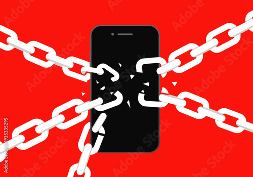 A striking image depicting a smartphone shattered by chains, symbolizing digital disconnection. Bold red background and impactful visual. Perfect for tech, social media, and anti-digital themes.