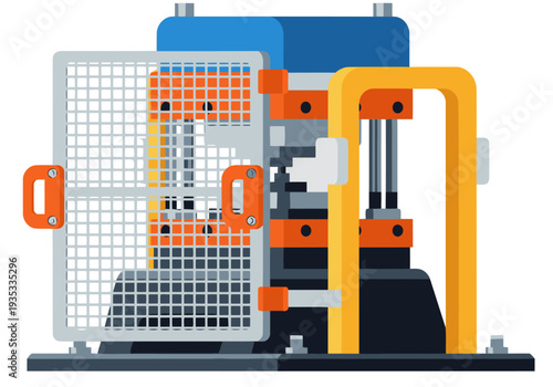 A stylized illustration of a guard interlock press safe. Bold colors and a clear, modern design highlight safety features. Ideal for industrial or technical concepts.