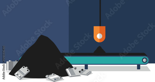 A stylized illustration depicts battery recycling with black mass on a conveyor belt. Clean, modern design with a focus on sustainability and industrial processes.