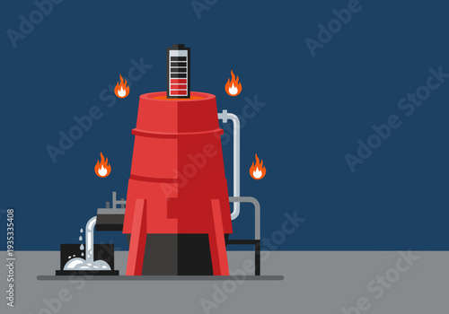A stylized illustration depicts battery smelting pyrometallurgy tech with flames and a battery icon. Modern, industrial design. Suitable for tech and energy themes.