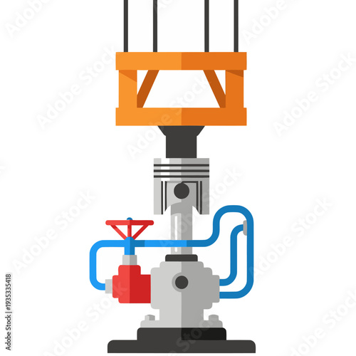 A stylized illustration showcases a hydraulic lifter tech system with a detailed piston and fluid lines. Modern, flat design with vibrant colors and a focus on engineering precision.