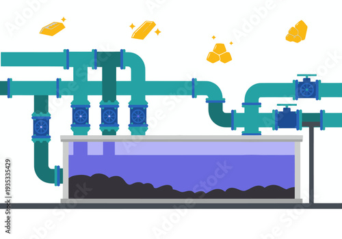stylized illustration depicts hydrometallurgy recycling tech with gold bars flowing through pipes Modern clean design with a dark tank and vibrant turquoise lines