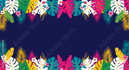 Vibrant tropical leaves frame on dark blue background.