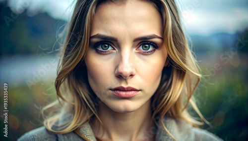 Close-up of a fair-skinned woman with blonde hair and striking green eyes
