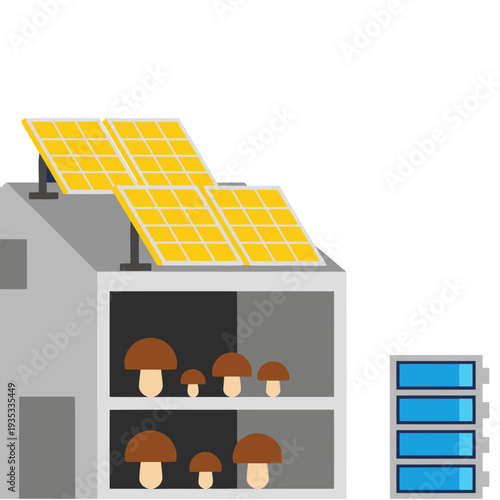 A stylized illustration showcases solar power fueling mushroom cultivation. Solar panels power a building with mushroom growing inside, connected to a battery. Modern, clean design.