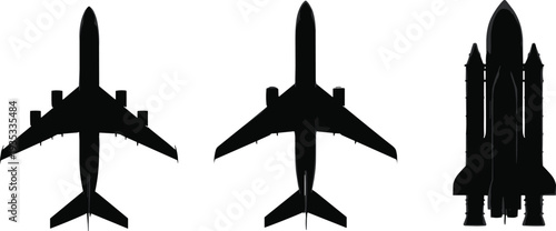 Black silhouettes of commercial airplanes and space shuttle on white background, aviation transport vector icons for aerospace travel and exploration