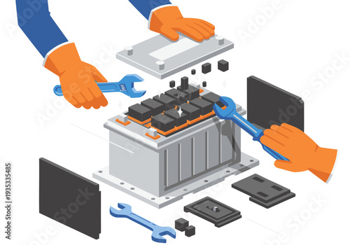Technicians dismantle an EV battery, showcasing a detailed repair process. Bright colors and clean lines highlight the technology. Ideal for tech and automotive visuals.