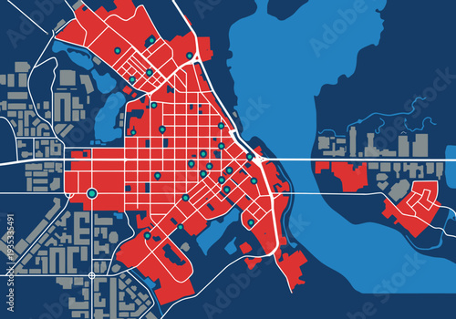 Urban noise stress map displays a city's sound pollution levels. A vibrant red heatmap overlays a blue city map, highlighting areas of high noise stress. Clear, modern design.