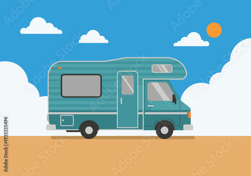 A teal camper office sits in an arid zone under a blue sky with fluffy clouds. It?s a modern, flat illustration perfect for business or travel themes.