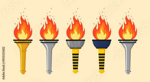 Vector illustration of five torches with flames on a pale yellow background.