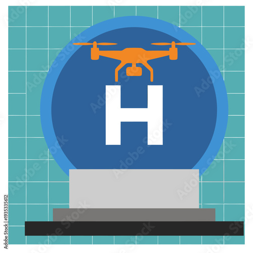 A vibrant icon featuring a drone hovering over a blue circle with an 'H' inside, set on a gray pedestal. Modern, graphic design, suitable for tech and business visuals.