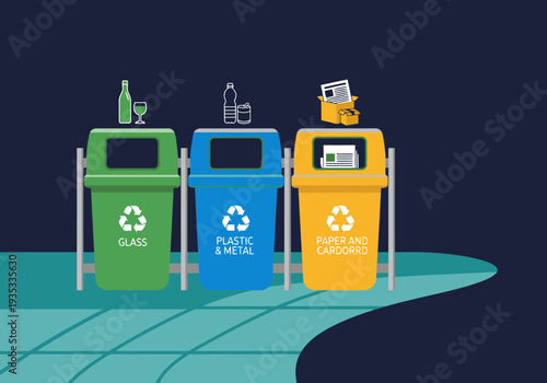 A vibrant illustration showcases a recycle station with separate bins for glass, plastic & metal, and paper & cardboard. Clean, modern design for environmental awareness.