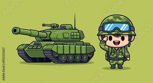 Cartoon soldier standing next to a tank in a green uniform and helmet.
