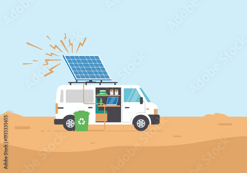 A white van with solar panels and a workspace is parked in a desert landscape. It showcases sustainable van life and remote work. Bright, modern illustration.