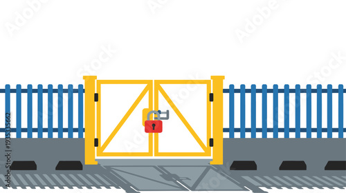 A vibrant safety gate with padlock is closed, secured by a fence. Clear, bright illustration for safety zones. Professional, modern design.